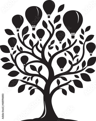 Black silhouette tree with hot air balloons instead of fruit black and white travel