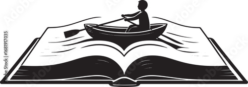 Silhouette of person rowing boat on open book with wavy lines reading learning