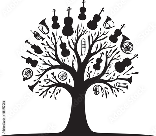 Black silhouette tree with violins and french horns as fruit on white background music orchestra