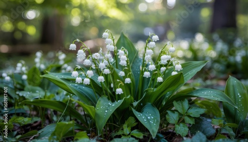 Delicate white lily of the valley flowers bloom in a sunlit forest