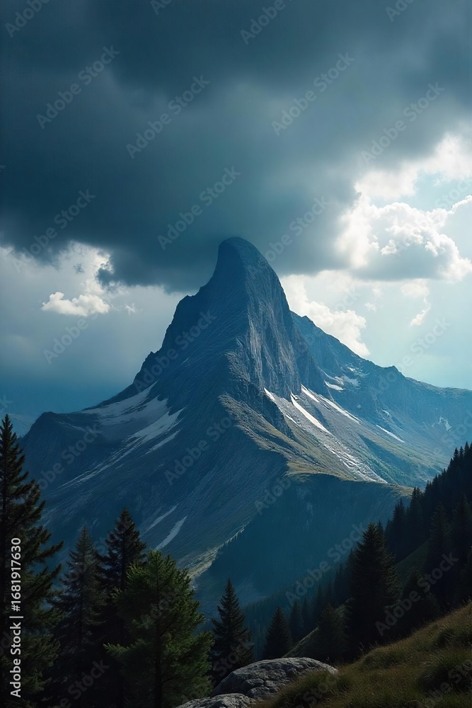Fototapeta premium Majestic Mountain Peak Under Ominous Storm Clouds Dramatic Landscape Photography