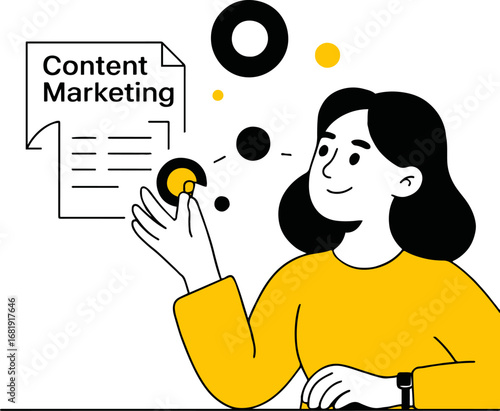 Illustration of a woman planning content marketing strategy, isolated on white background she is working on business promotion, advertising, and digital media to reach a target audience