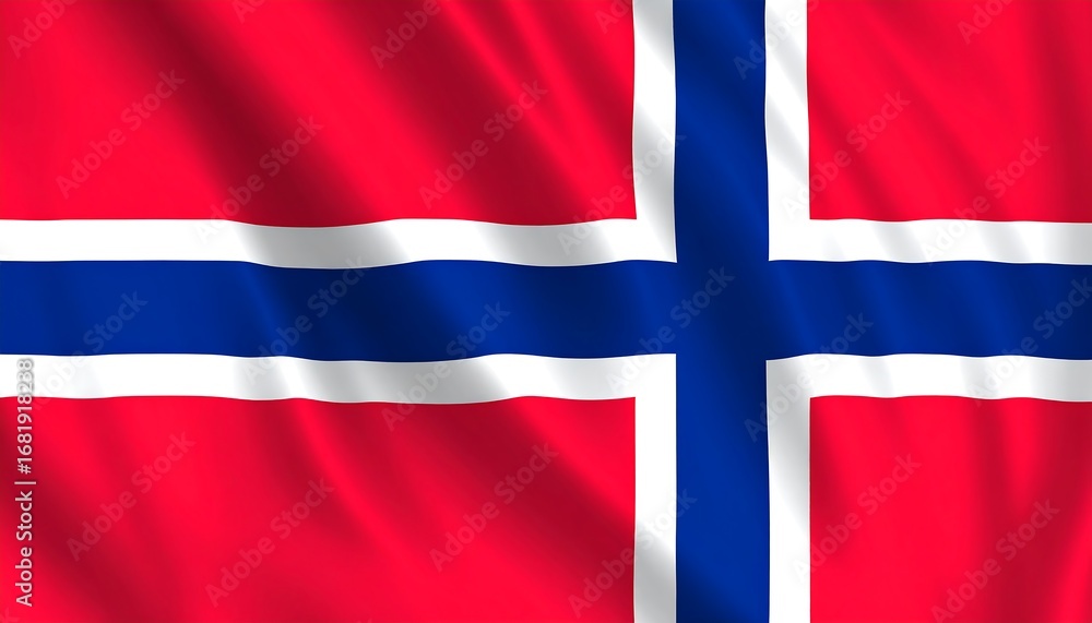 Fototapeta premium A vibrant digital rendering of the waving flag of Norway, showcasing its bold red, white, and blue colors.