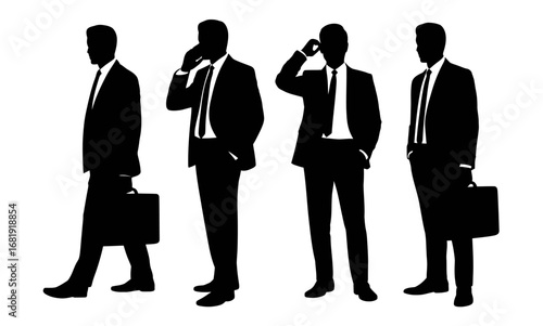 Businessmen Silhouette Icon Set - Men in Suits with Briefcases and Phone Vector Illustration