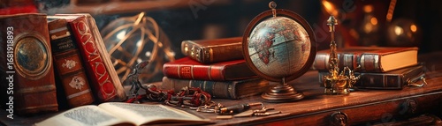 A Still life of vintage books and antique globe on a wooden desk. The books and globe create a scene of learning and history.