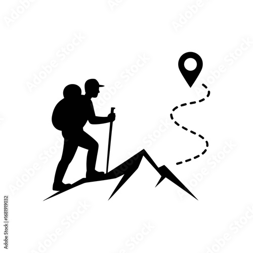 Mountain Hiking Icon - Hiker with Backpack and Destination Marker Vector Illustration