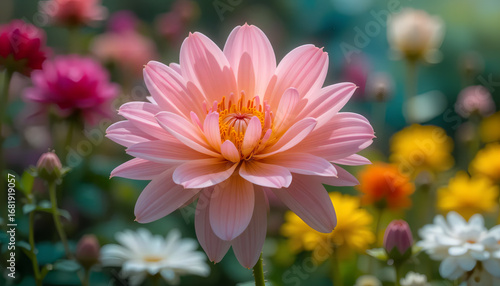 A vibrant garden scene featuring a pink dahlia in full bloom, surrounded by colorful flowers in hues of yellow, white, and pink, conveying a cheerful and serene mood.