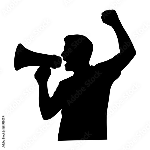 Protest Silhouette Icon - Man with Megaphone and Raised Fist Vector Illustration