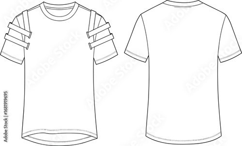 Short sleeve t-shirt flat sketch, vector apparel illustration, technical fashion drawing, modern streetwear design with sleeve straps, unisex garment template