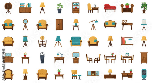 A collection of flat design vector icons representing various furniture pieces and home decor items, including chairs, tables, lamps, cabinets, and plants, s...