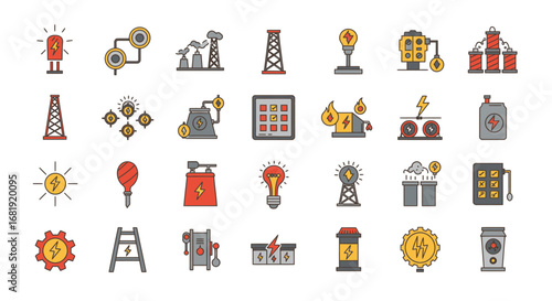 A set of colorful flat line icons representing electricity, energy production, and industrial power sources.