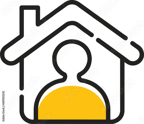Vector art of an icon of a person inside a house, representing the concept of staying home, working remotely, or social distancing modern flat design style vector illustration