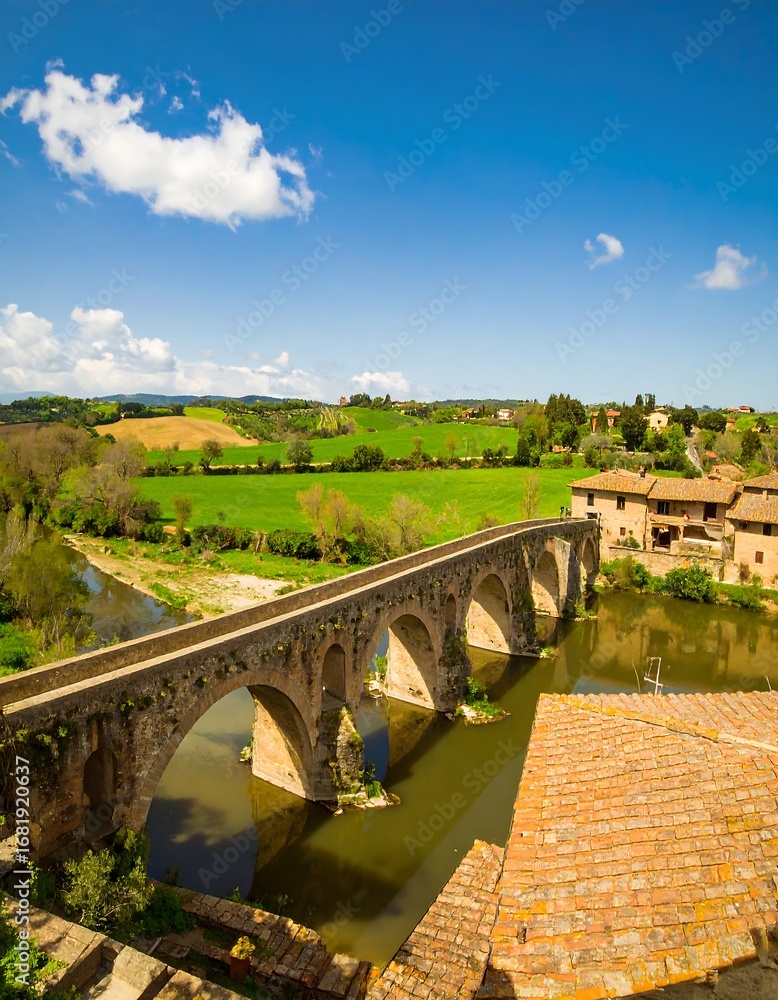 Naklejka premium Ancient bridge over a river in a Tuscan valley