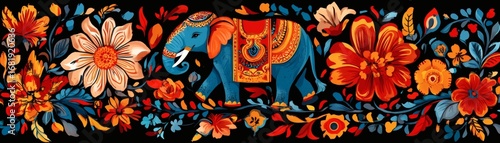 A vibrant illustration of an elephant surrounded by colorful flowers. The elephant is adorned with intricate designs and sits amongst various floral elements.