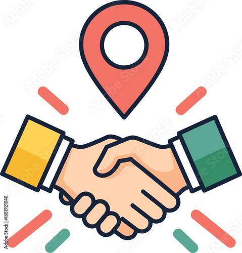 Two hands shaking under a location pin, symbolizing a local business deal, partnership, or meeting agreement.