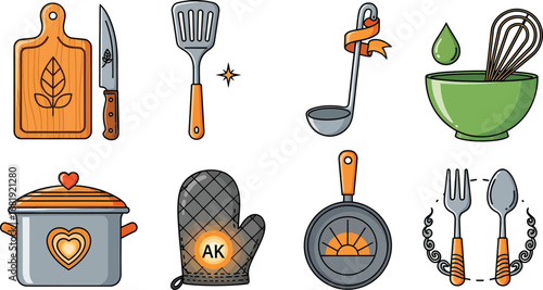 Kitchen utensils and cooking tools illustration set, isolated on white.