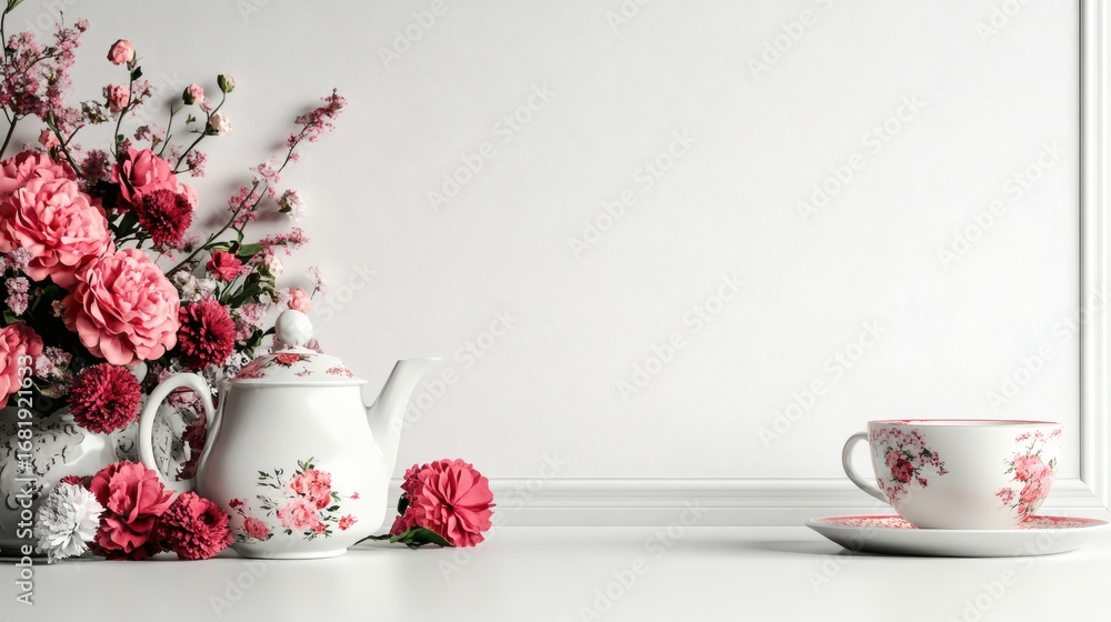 Fototapeta premium A floral arrangement with a teapot and teacup, evoking tranquility and elegance. The image features a delicate porcelain teapot, a matching teacup and saucer, and a bouquet of vibrant pink flowers.