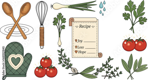 Kitchen Utensils, Ingredients, and Recipe Illustration.