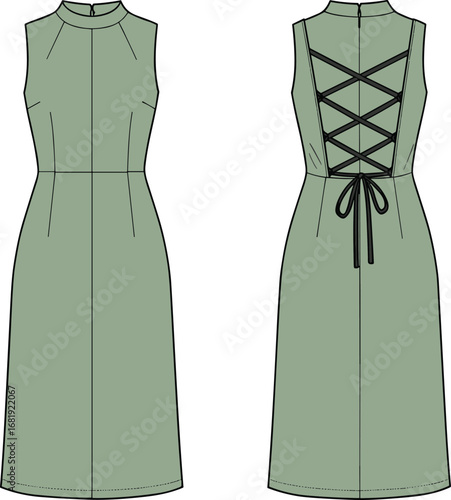 Sleeveless midi dress flat sketch, back tie design, technical fashion illustration, CAD drawing, vector template, garment design mockup