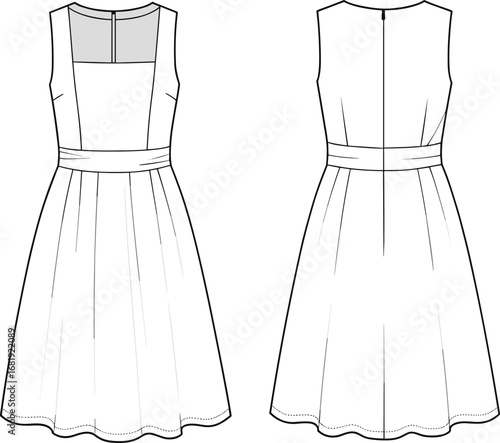 Sleeveless knee length dress flat sketch, waistband detail, fashion technical drawing, front and back view, CAD outline vector illustration