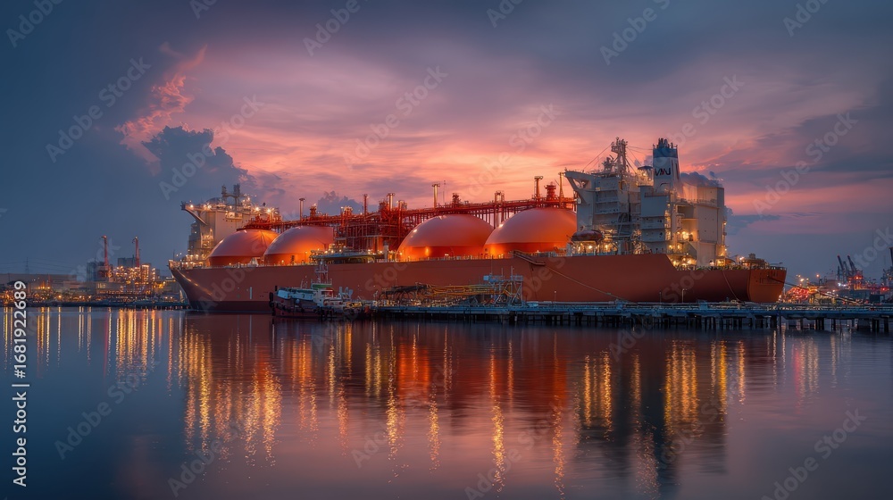 Obraz premium Commercial LNG carrier vessel docked at harbor with orange spherical tanks, maritime liquefied natural gas transport, energy shipping logistics, global marine freight, sea freight industry, gas tanker