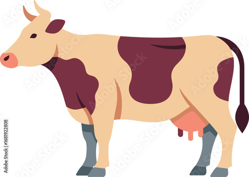 Side view of a cartoon cow, light beige with dark brown spots, showing details like udders and legs.