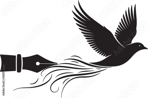 Pen Tip Transforming into Flying Bird Silhouette Logo, Writing Freedom Creativity Literature Concept, Minimal Vector