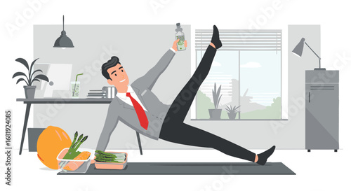 Businessman in a suit doing a yoga side plank exercise on a mat in a modern office, promoting a healthy lifestyle and work-life balance