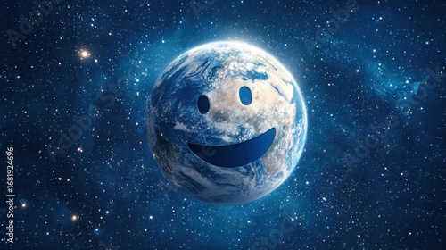 A cheerful representation of Earth with a smiling face, set against a vast, starry space background. This depicts a sense of happiness and unity for the planet