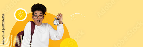 Slika na platnu A student holding a clock looks thrilled as she adapts to the new normal of education