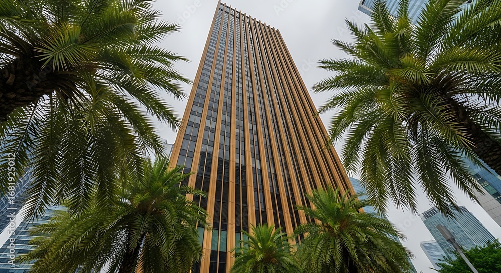 Fototapeta premium Modern skyscraper with palm trees in a tropical city