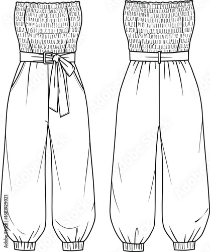 Strapless smocked jumpsuit fashion flat, technical cad sketch, belted waist, cuffed ankle, vector illustration, stylish apparel design drawing