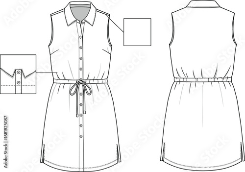 Sleeveless shirt dress technical sketch, front and back view, detailed flat vector drawing, fashion CAD, with collar and drawstring waist