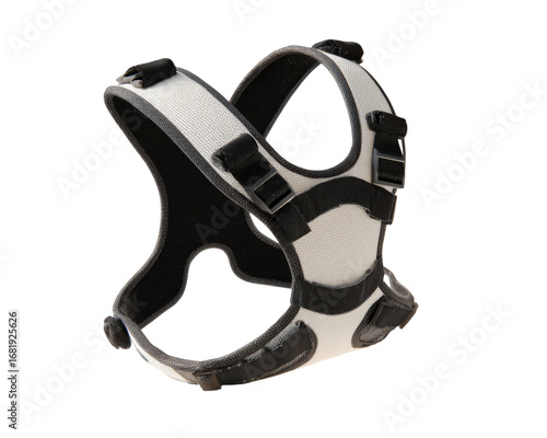 White and black dog harness, adjustable straps