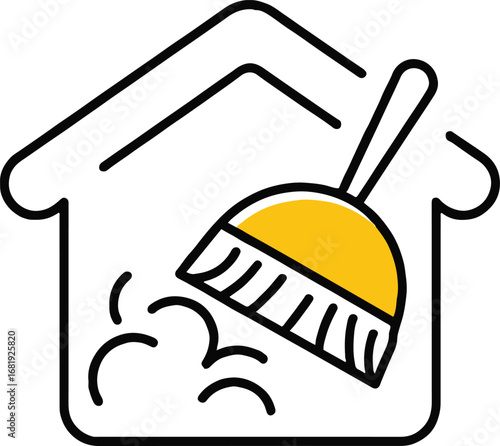 Illustration of a house cleaning with a broom sweeping dust, symbolizes domestic service, hygiene, and household chores in a simple, modern, and minimal style