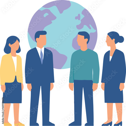 Diverse business team standing together with a globe representing global business collaboration and success