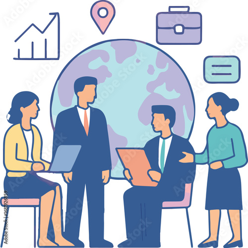 Business professionals collaborate around the globe discussing growth strategies and planning