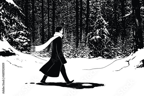 Solitary Figure Braving Wintry Forest Landscape – Artistic Winter Scene Vector Illustration Depicting Isolation and Nature’s Harsh Beauty