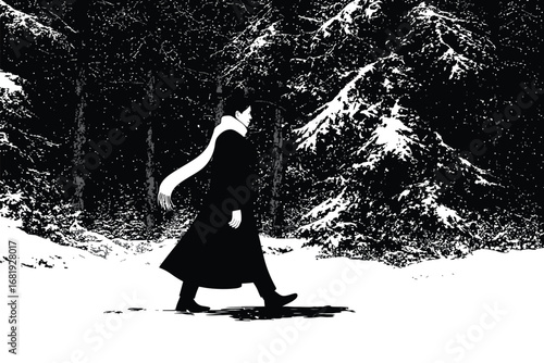 Solitary Figure Braving Wintry Forest Landscape – Artistic Winter Scene Vector Illustration Depicting Isolation and Nature’s Harsh Beauty