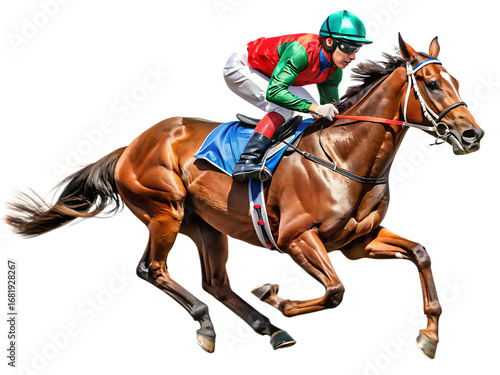 Jockey racing chestnut horse full speed isolated on a transparent background