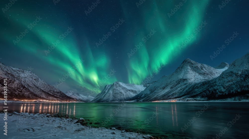 Fototapeta premium Colorful auroras dance across the night sky, casting a magical glow over the tranquil lake and surrounding snow-covered peaks. The atmosphere is serene and captivating during winter