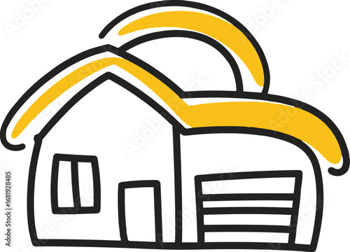 Vector art of handdrawn illustration of a house with a garage, representing real estate, property, home ownership, and residential living, suitable for designs related to housing and rentals