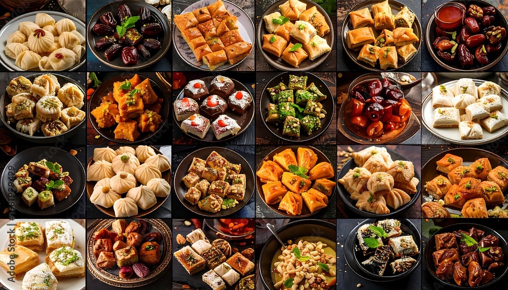 Fototapeta premium Assorted Middle Eastern sweets and pastries displayed on various plates, showcasing a vibrant array of textures and colors.