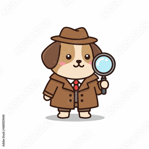 Adorable cartoon dog detective holding magnifying glass ready for investigation