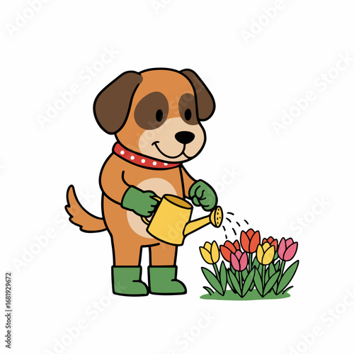 Charming cartoon dog happily waters colorful tulips in a sunny garden, embodying springtime joy.