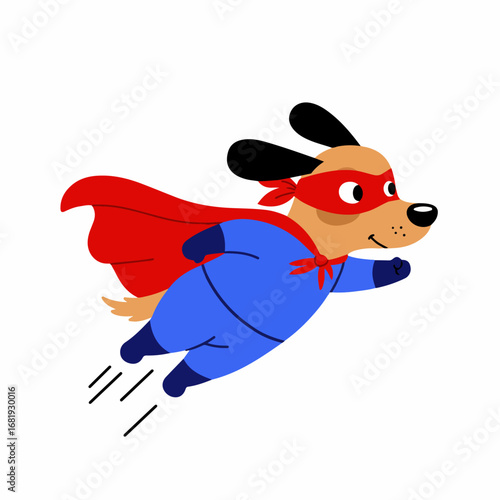 Joyful cartoon dog superhero soaring through the sky with cape and mask, embodying courage and fun