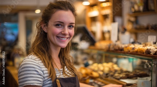 Wallpaper Mural A cheerful barista stands behind the counter, showcasing an array of pastries in a warm, inviting cafe atmosphere during the afternoon hours Torontodigital.ca
