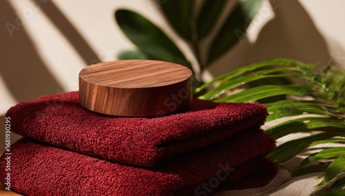 A wooden disc sits atop folded burgundy towels. Sunlight casts shadows