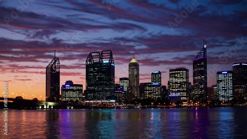 Wide-angle view of Elizabeth Quay and Perth Central Business District from the Elizabeth Quay Bridge at sundown