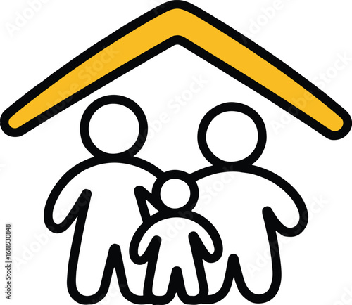 Vector art of a minimalist illustration of a family under a roof, symbolizing home, security, and protection, perfect for real estate or insurance concepts